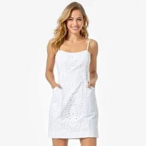 Lilly Pulitzer Shelli Eyelet Mini Dress Womens 0 White Cotton Resort Tropical